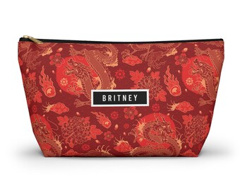 Personalized Accessory Pouch: Red and Gold Traditional Chinese Coiled Dragon Pattern for Mahjong and Cosmetic Travel Bag