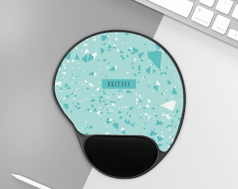 Mouse Pad with Wrist Rest: Personalized Custom Name Retro Teal Abstract Terrazzo Speckled Design
