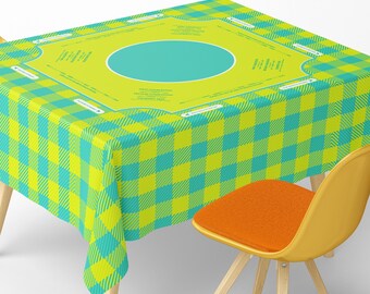 Square Mahjong Tablecloth With Instructions Featuring Bright Lime And Teal Plaid Design With Vibrant Checkered Pattern Style