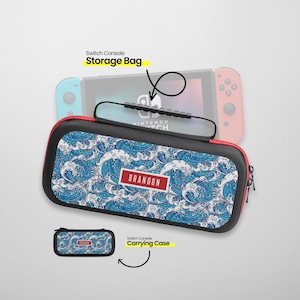 May include: A black and blue Nintendo Switch carrying case with a wave pattern and the word "BRANDON" printed on it. The case has a zipper and a handle. The case is labeled "Switch Console Storage Bag". A smaller black and blue carrying case is also shown, labeled "Switch Console Carrying Case".