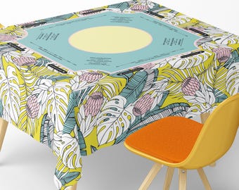 Square Mahjong Tablecloth With Instructions: Vibrant Tropical Monstera Leaf Protea Yellow Green Aloha Game Mat