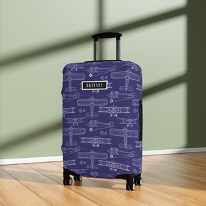 Vliegtuig Bagagehoes Kofferbeschermer Vintage Vliegtuig Blauwdruk Patroon Gepersonaliseerde Naam Aanpassen Cadeau Voor Kinderen Jongens Meisjes Vrouwen Mannen