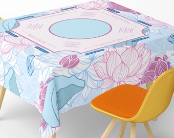 Square Mahjong Tablecloth With Instructions: Pastel Pink Blue Lotus Flower Modern Art Game Mat