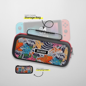 May include: Black and red carrying case with a colourful koi fish design. The case has a zipper and a handle. The text "BRANDON" is printed on the case. The case is for a Nintendo Switch console.