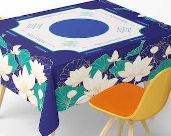 Square Mahjong Tablecloth With Instructions: Navy Teal And Cream Lotus Floral Design With Elegant Botanical Pattern Style