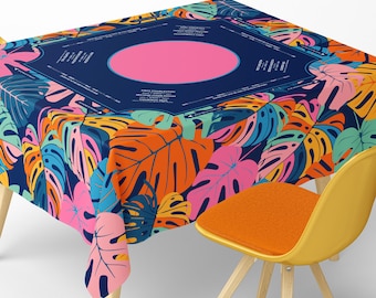Mantel cuadrado para Mahjong con instrucciones: Tapete de juego con vibrantes hojas tropicales de Monstera, estilo maximalista, color azul marino neón.