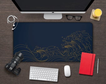 Japanische Welle Schreibtischmatte: Marineblau und Gold Ocean Art, verlängertes Mauspad