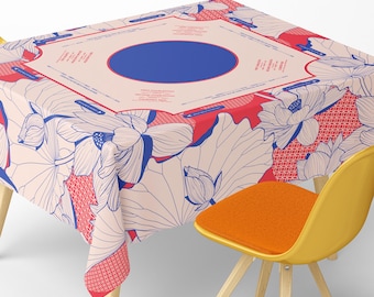 Square Mahjong Tablecloth With Instructions: Coral Red And Navy Lotus Floral Design With Bold Line Art Pattern Style