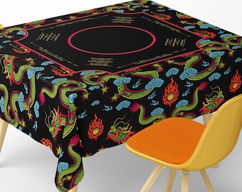 Square Mahjong Tablecloth With Instructions: Traditional Chinese Dragon Pattern Red Green Lucky Black Art Game Mat