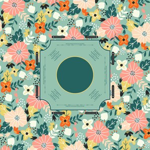May include: A floral pattern design featuring a variety of flowers in shades of pink, orange, yellow, and white, set against a light teal background. A teal square with a gold circle in the center is in the middle of the image.