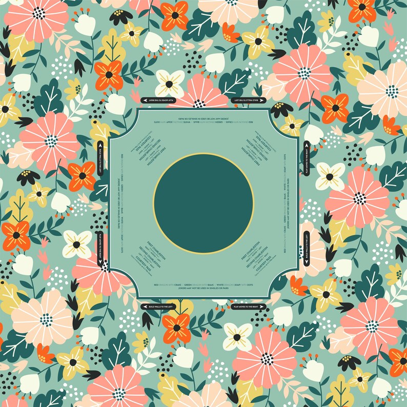 May include: A floral pattern design featuring a variety of flowers in shades of pink, orange, yellow, and white, set against a light teal background. A teal square with a gold circle in the center is in the middle of the image.