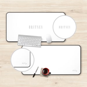 Tapis de bureau personnalisé avec nom esthétique simple blanc uni mignon XL XXL grand tapis de souris de jeu avec bord cadeau d&#39;anniversaire pour les amis joueurs