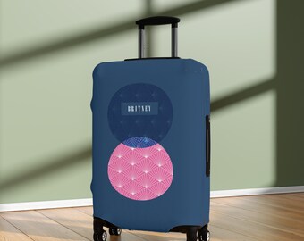 Personalisierte japanische geometrische Gepäckabdeckung: Kofferschutz in Marineblau & Pink