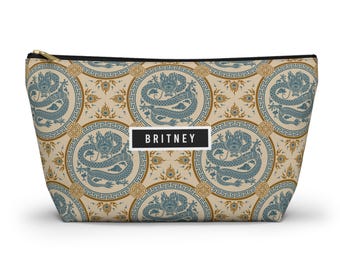 Personalized Accessory Pouch: Beige and Blue Traditional Chinese Imperial Dragon Pattern for Mahjong and Cosmetic Travel Bag