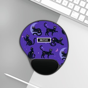 Custom Kitty Mouse Pad With Wrist Rest Padded Ergonomic Support Purple Mystical Celestial Personalized Name Black Cat Lover Birthday Gift