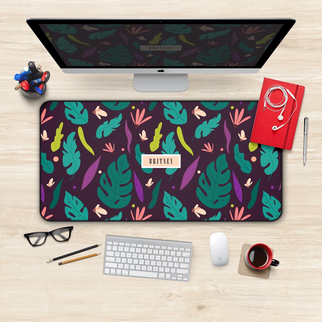 Cute Aesthetic Desk Mat Custom Name Purple Tropical Floral Teal Leaf ...