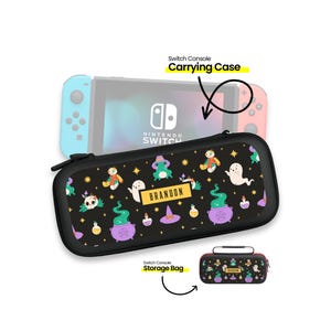 May include: A black carrying case with a zipper for a Nintendo Switch console. The case features a black and white pattern with a witch's cauldron, stars, and a ghost. The text "BRANDON" is printed on the case. A smaller black storage bag with a zipper is also shown.