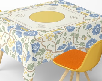 Square Mahjong Tablecloth With Instructions: Vintage Blue And Yellow Floral Design With Delicate Botanical Pattern Style