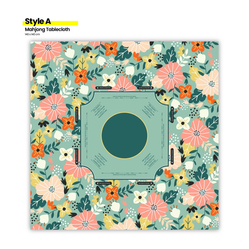 May include: A square Mahjong tablecloth with a floral pattern. The design features a light teal background with scattered flowers in shades of pink, orange, yellow, and white. The center has a teal circle and a square border with text. The tablecloth is 140 x 140 cm.