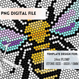 Pode incluir: Um arquivo digital para um design de mosaico de contas de uma abelha com contas amarelas, roxas, azuis e brancas. O design é para contas redondas de 24 onças e usa contas de tamanho 20, que têm um diâmetro de 5 mm. O design é para um projeto de mosaico de contas.