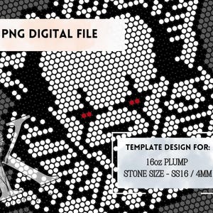 May include: Black and white digital design template for a 16 ounce plump beading project. The design features a skull with red eyes and the text "TEMPLATE DESIGN FOR: 16oz PLUMP STONE SIZE - SS16 / 4MM".