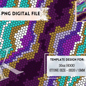 Peut inclure: Un modèle numérique pour un HOGG de 30 onces avec un motif en mosaïque de cercles violets, turquoise, blancs et dorés. Le modèle est conçu pour des pierres rondes de 5 mm. Le texte "PNG DIGITAL FILE" et "TEMPLATE DESIGN FOR: 30oz HOGG STONE SIZE - SS20 / 5MM" est inclus dans l'image.