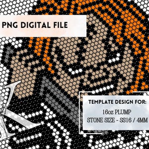 May include: A digital file for a 16 ounce beading project. The design features a person's face with orange and brown beads. The text "PNG DIGITAL FILE" and "TEMPLATE DESIGN FOR: 16oz PLUMP STONE SIZE - SS16 / 4MM" is included in the image.