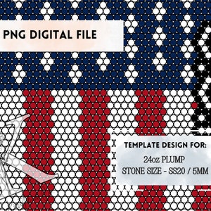 May include: A digital file for a beaded design of a high heel shoe with floral accents. The design is on a red, white, and blue background. The template is for 24oz plump beads and SS20/5mm stones.