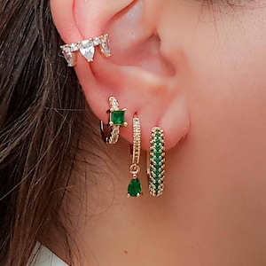 Mismatched Emerald Dangle Hoop Earrings: Gold Stacking Set