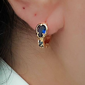 Sapphire Emerald Huggie Hoop Earrings: Gold Sterling Silver CZ Gemstone