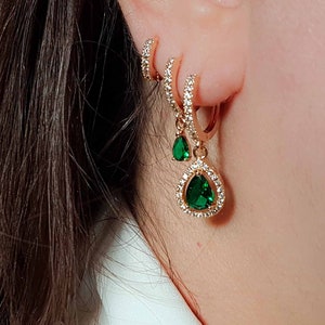 Emerald Dangle Earring Gift Set, Birthstone Earrings, Huggie Hoop Earrings, Earring Set, Gift For Her, Gift For Mom, Christmas Gift Set