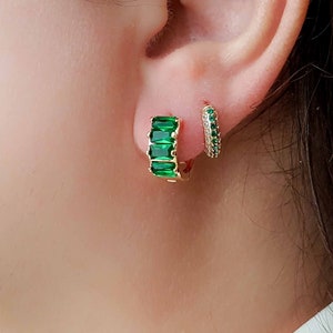 Emerald Baguette Hoops, Small Hoop Earrings, Gold Huggie Hoops, Sapphire Cz Hoop Earrings, Rectangle Stone Earrings, Dainty Tiny Hoops