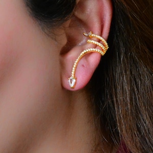Dainty Serpent Climber Stud Earring, CZ Snake Minimalist Earring, Gold Stud, Elegant Ear Cuff Earring, Wedding Earring, Gift For Her