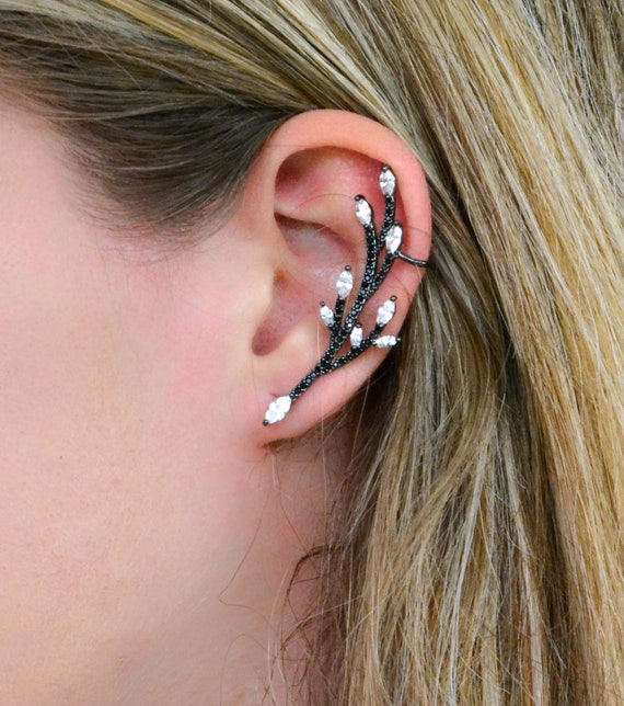 Branch Climber Black Earrings Feather Climber Leaf Ear Cuff Etsy