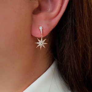 Starburst Drop Earrings, Celestial Earrings, Cz Diamond Star Earrings, Wedding Dangle Earrings, Bridesmaids Gift, Small North Star Earrings