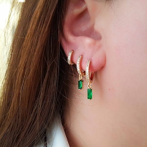 Emerald Charm Huggie Hoop Earrings Gift Set, May Birthstone Earrings, Stacking Gold Hoop Earrings, Christmas Gift Sterling Silver Earrings