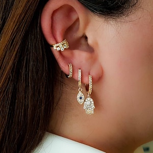 Cerchi a goccia per occhio malvagio, orecchini Cz non corrispondenti, set di orecchini in oro a mano di Hamsa, orecchini a cerchio impilati, cerchi in argento sterling zaffiro, regalo per lei