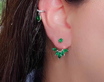 Emerald Stud Earrings, Diamond Leaf Earrings, Ear Jacket Drop Earrings, Marquise Cut Cz Studs, Sterling Silver Laurel Studs, Bridal Earrings