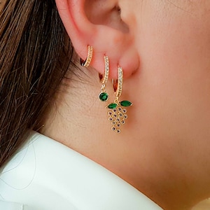 Mismatched Cz Earrings, Gold Plated Emerald Earring Set, Hoop Earring Stack, Grape Sterling Silver Earring Set, Green Birthstone Earrings
