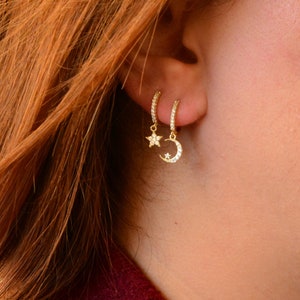 Celestial Mismatched Cz Earrings, Gold Plated Hoops, Emerald Cz Set of Earrings, Stacking Earrings, Green Birthstone Earring, Gift For Her