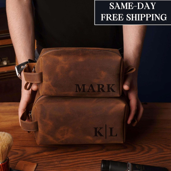 Personalized Mens Leather Toiletry Bag Fathers Day Gifts from Wife Daughter, Gift for Dad