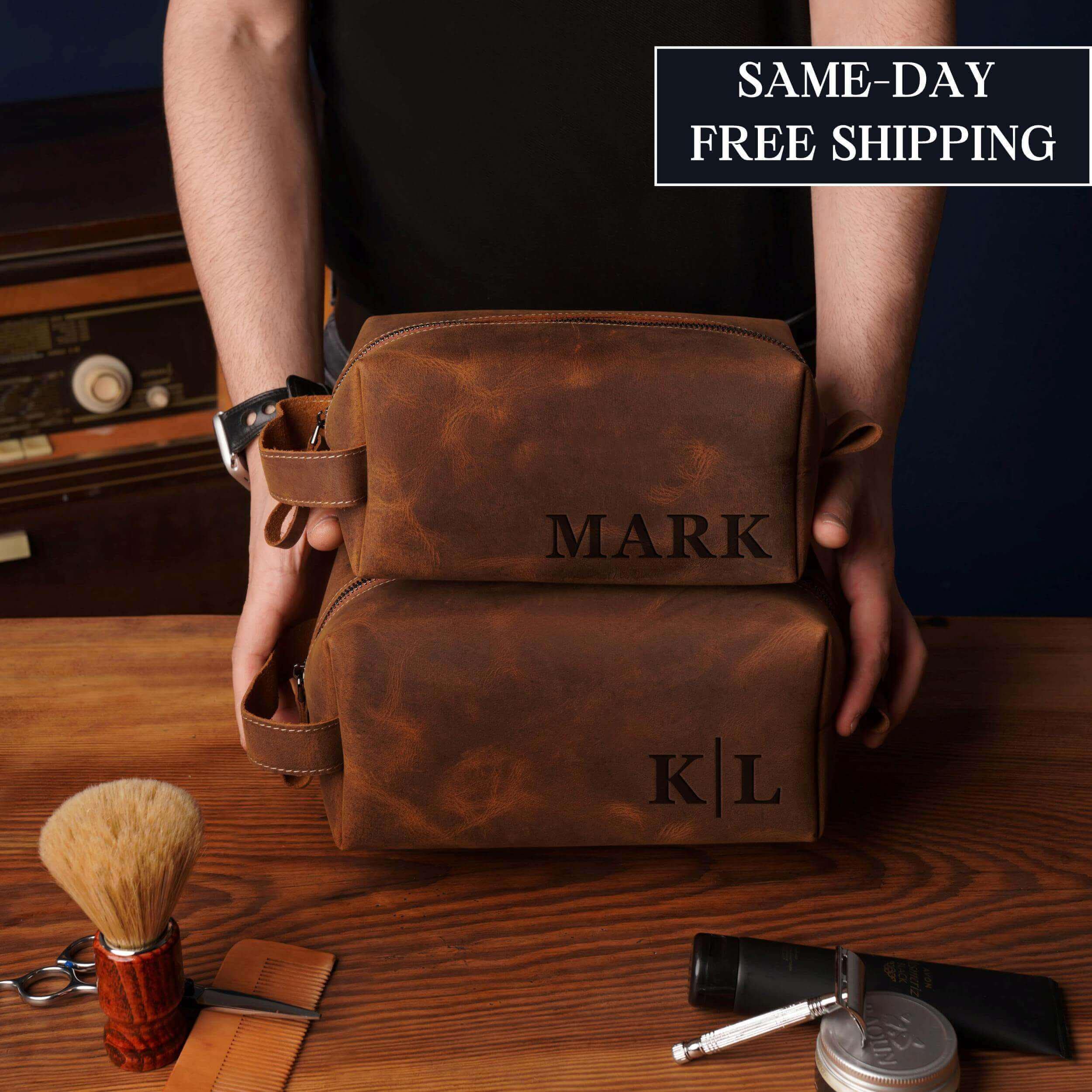 Personalized Mens Leather Toiletry Bag Fathers Day Gifts from Wife Daughter, Gifts for Dad, Anniversary Gifts for Husband Him Boyfriend