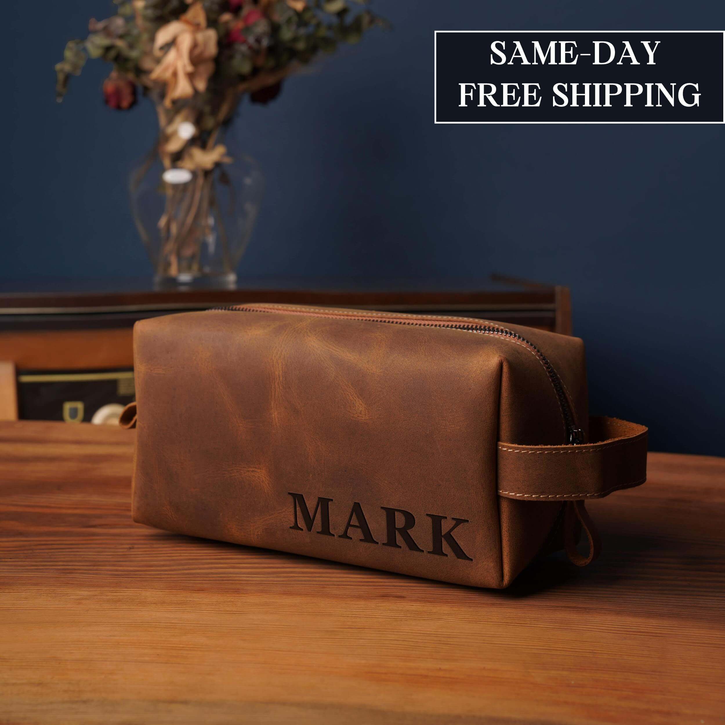 thumbnail image 2 of Personalized Leather Dopp Kit For Men - Monogrammed Toiletry Bag For Travel - Premium Grooming Gift For Husband - Groovy Guy Gifts 2 of 13