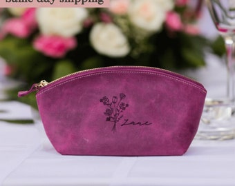 Gepersonaliseerde leren make-uptas voor bruidsmeisjes, neutrale cosmetische tas, toilettas met ritssluiting voor dames