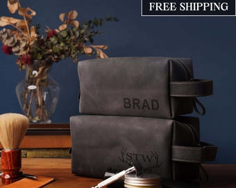 Mens Leather Dopp Kit: Personalized Toiletry Bag, Custom Engraved Shaving Case, Travel Grooming Organizer