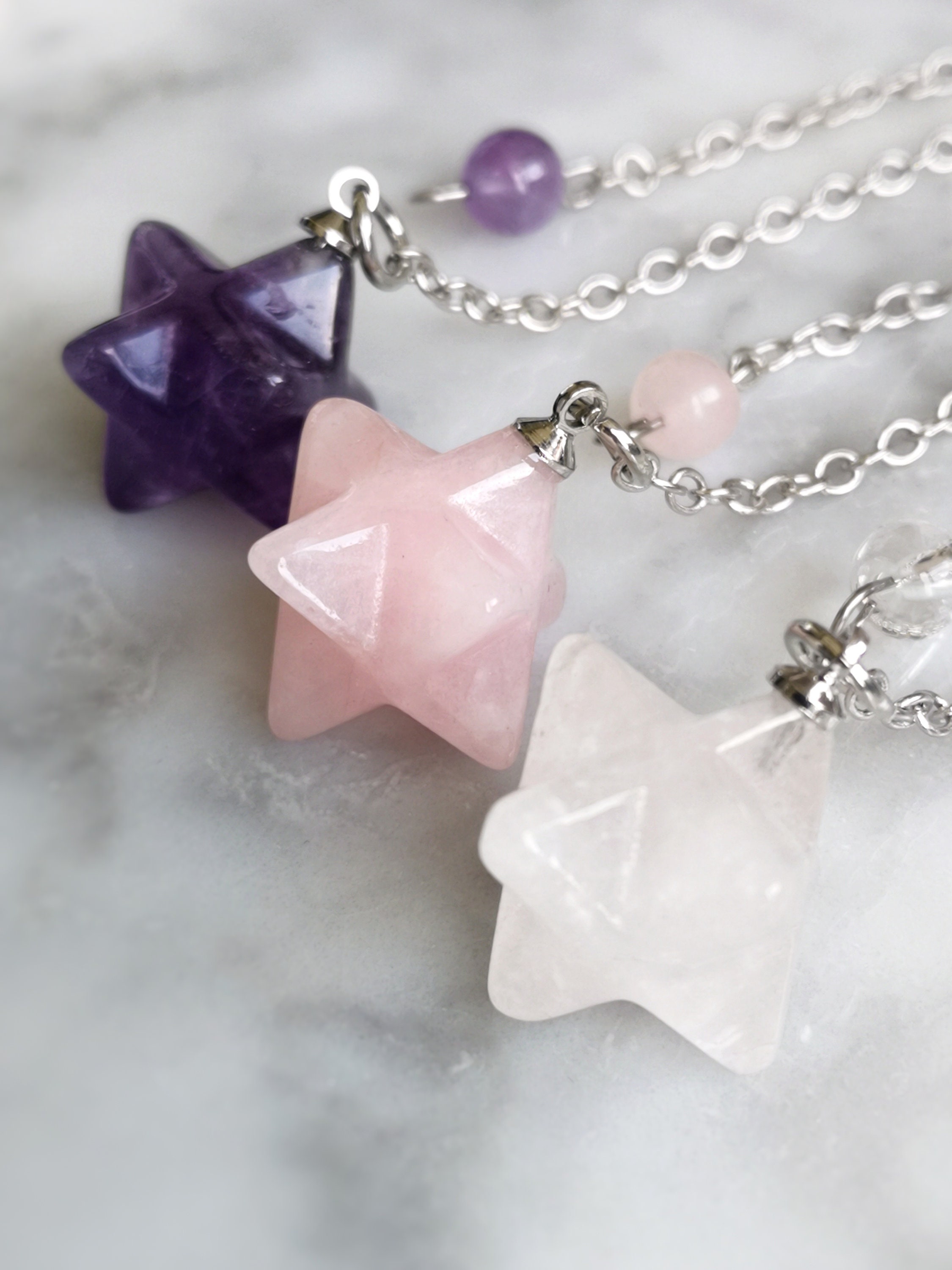 Pendules Divinatoire Étoile de Merkaba Quartz Rose Blanc et Améthyste Pierres Naturelles