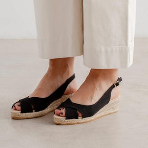 Authentic Espadrilles for Women - Oliva Organic Canvas Espadrille Wedge Sandals - Black