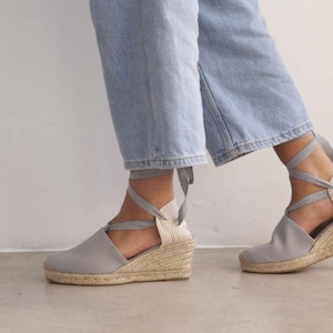 Grey Vegan Espadrille Wedges: Organic Canvas Lace-Up Shoes