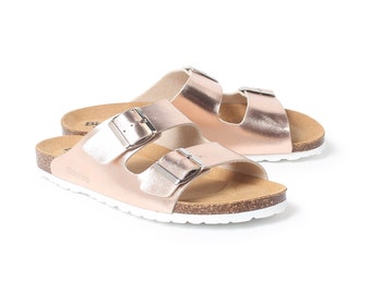 Free Shipping - VEGAN Strap Sandals for Summer Marbella Vegan Leather Slip On Cork Sandal - Metallic Rose