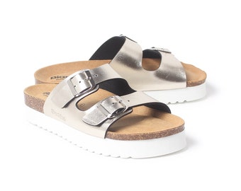 Free Shipping - VEGAN Strap Sandals for Summer Muro Two-Strap Vegan Leather Platform Cork Sandal - Metallic Silver